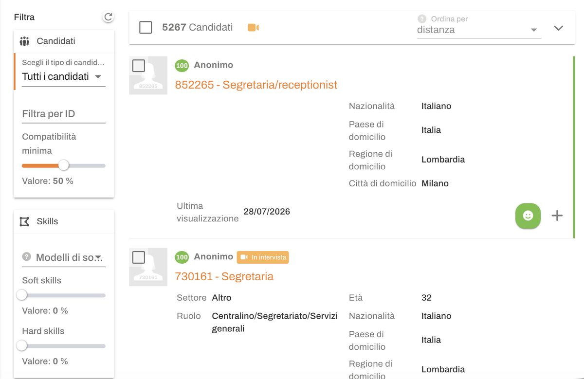Ricerca candidati su Trovolavoro con ordinamento per distanza e filtro di compatibilità