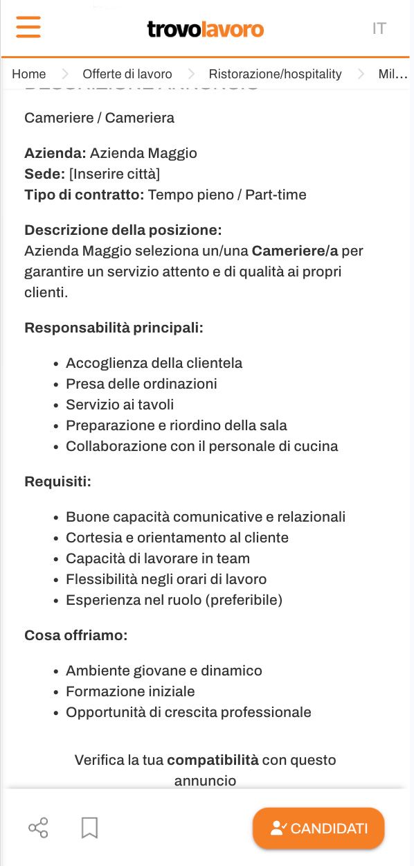 Il nuovo Trovolavoro su smartphone: annuncio di lavoro con pulsante Candidati sempre visibile